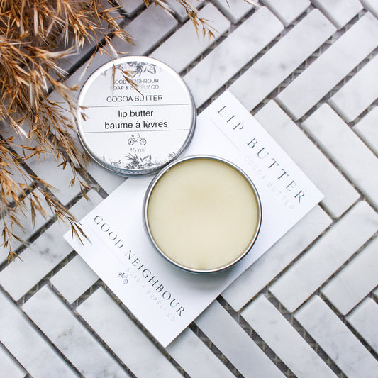Cocoa Butter Lip Balm. 15 ml Aluminum Tin. All Natural. No more dry, uncomfortable lips. Good Neighbour Soap.